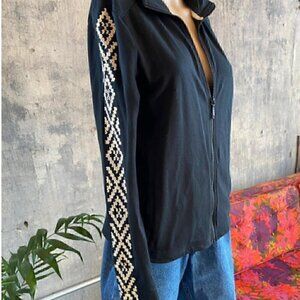 L-RL Lauren Active Women's S Black Front Zip jacket White Embroidery on Sleeves